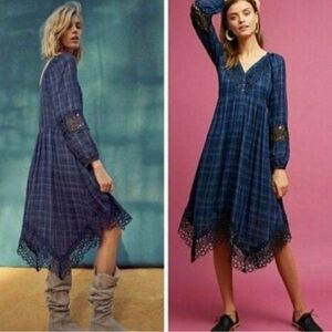 ANTHROPOLOGIE Akemi + Kin Plaid Blue Black Lace Long Sleeve Kerchief Dress 2